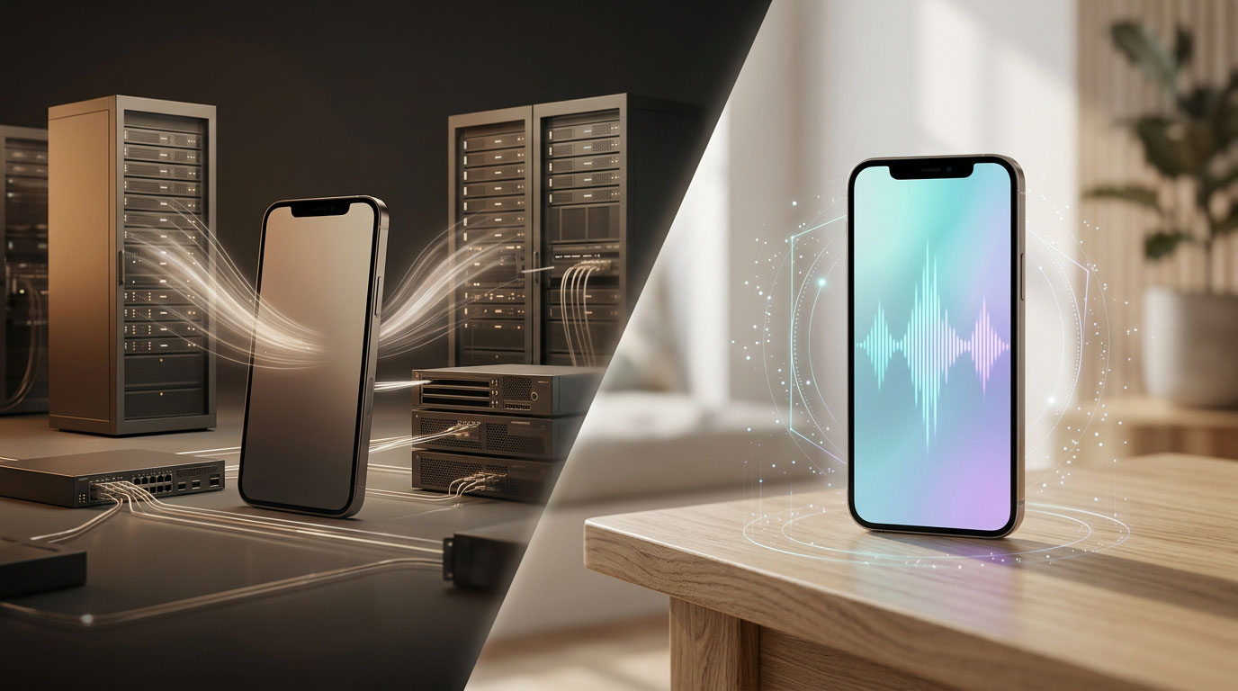 Split image — on the left, a smartphone surrounded by server racks and glowing data streams in warm light; on the right, a smartphone with a softly glowing waveform standing on its own on a wooden table in a bright room