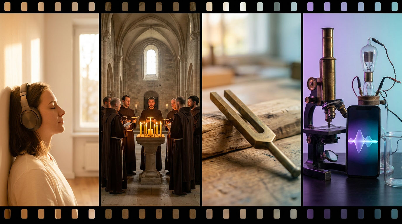 Four-panel split image transitioning from warm to cool light — a person wearing headphones, monks singing by candlelight in a stone abbey, a tuning fork in daylight, and an antique microscope blending into the glow of a modern smartphone
