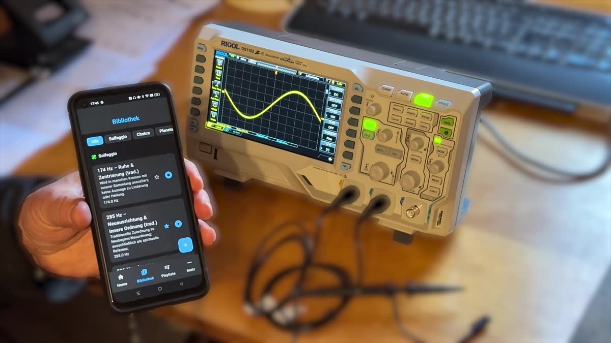 Frame from the test video: 174 Hz selected in the app, corresponding sine wave on the scope