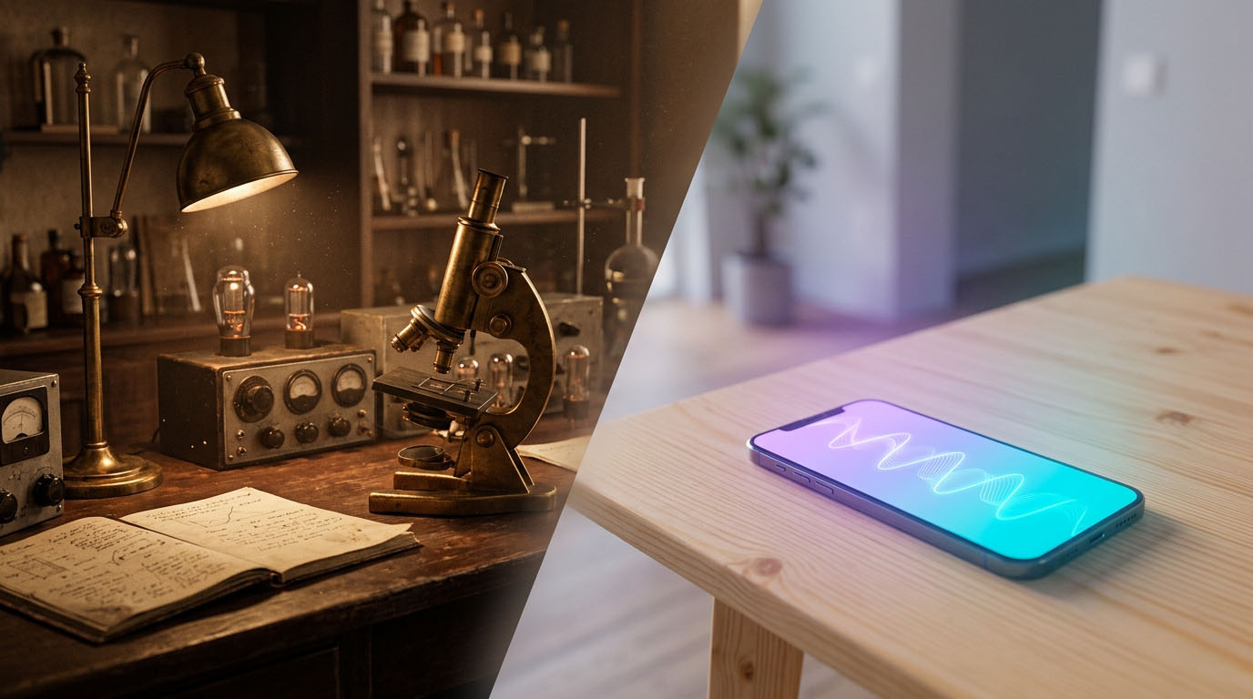Split image — on the left, an antique brass microscope and vacuum-tube apparatus in the warm light of a 1930s laboratory; on the right, a smartphone showing a purple-to-cyan frequency waveform in a calm, modern room