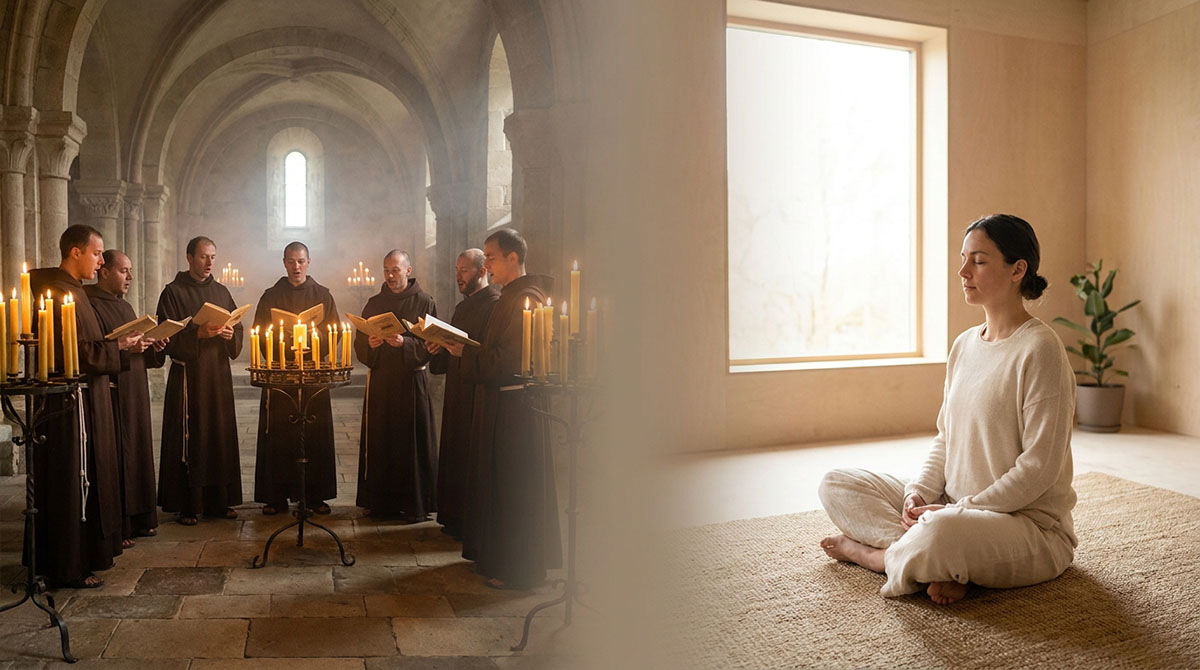 Split image — on the left, monks singing by candlelight in a medieval abbey; on the right, a woman meditating cross-legged in a bright, modern room